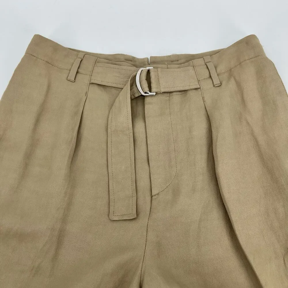 Zara Studio Collection Linen Blend Trouser Pant Womens 30 Tan Pleated High Waist